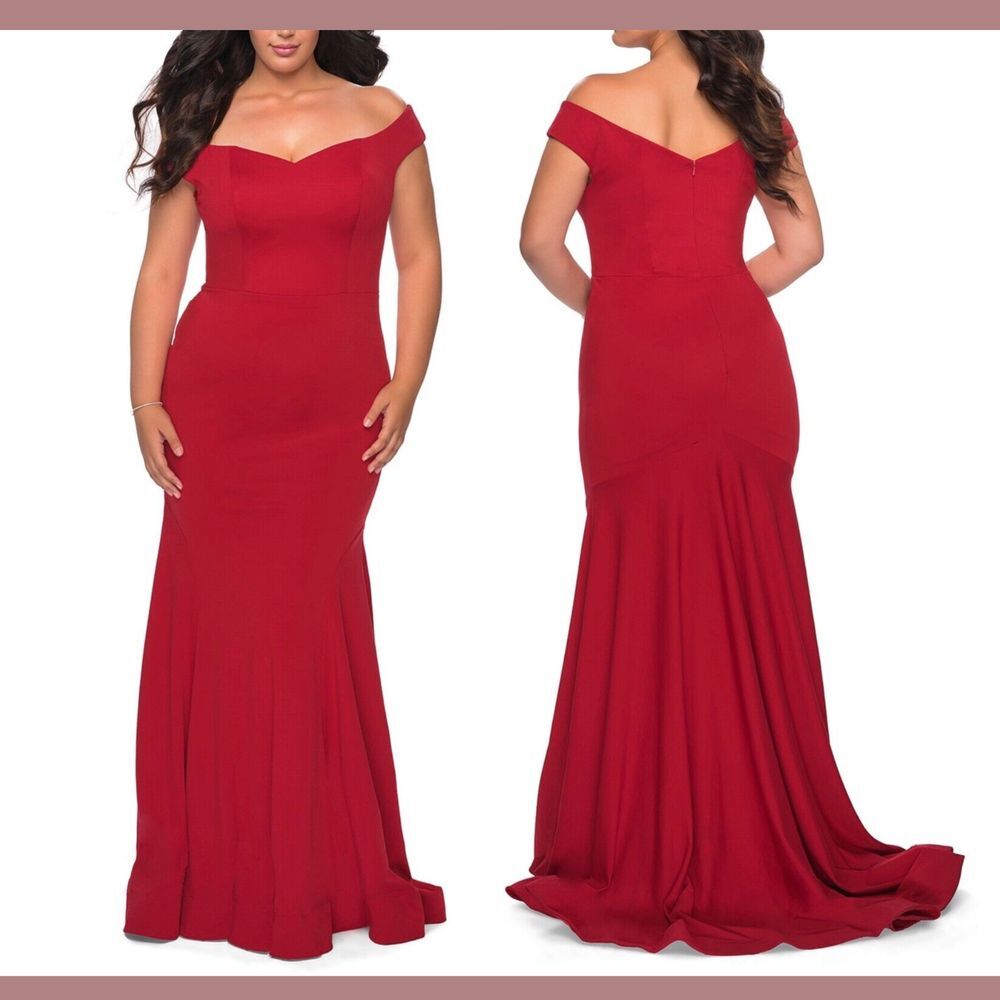 NEW‎ $368 La Femme [ Curvy 18 ] Off the Shoulder Bodice Jersey Gown Red